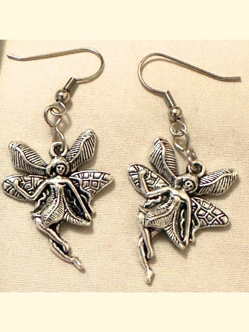 Fairy Dangle Earrings Stainless Steel Hooks Silver Tone Handmade Leaf Wing